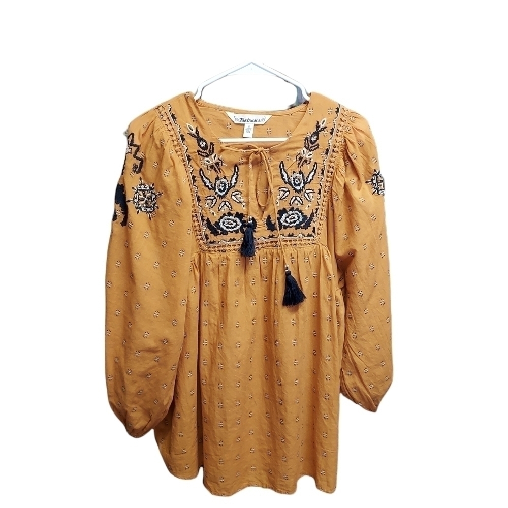 Tantrums top med gold with embroidery navy flowers tassel ties